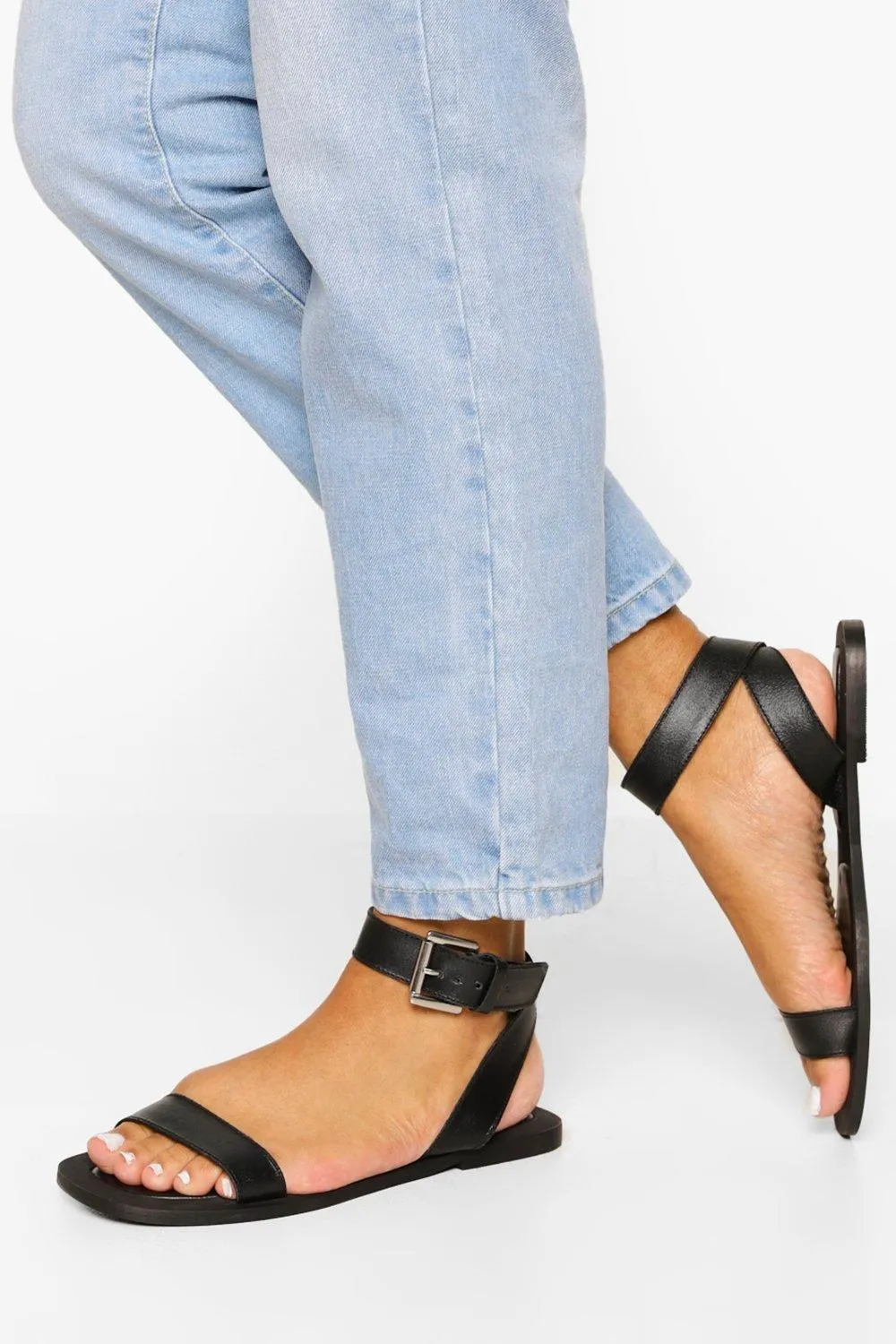 Leather Square Toe Buckle Detail Sandals