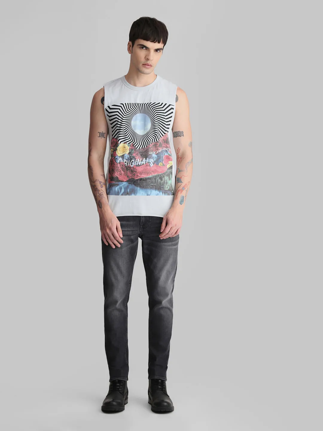 Light Blue Graphic Print Crew Neck Vest