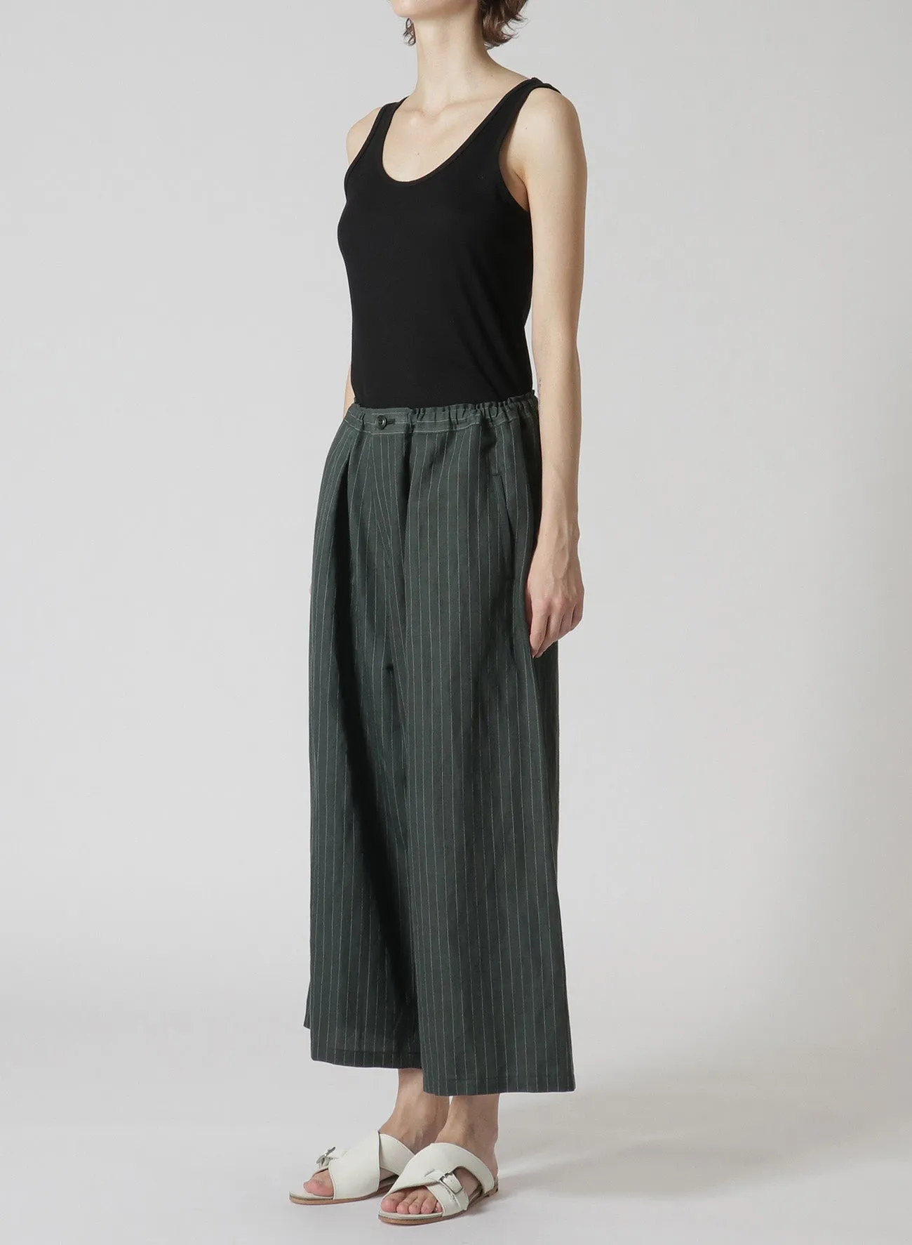 LINEN/COTTON PIN-STRIPED UNEVENLY DYED WIDE LEG PLEATED PANTS