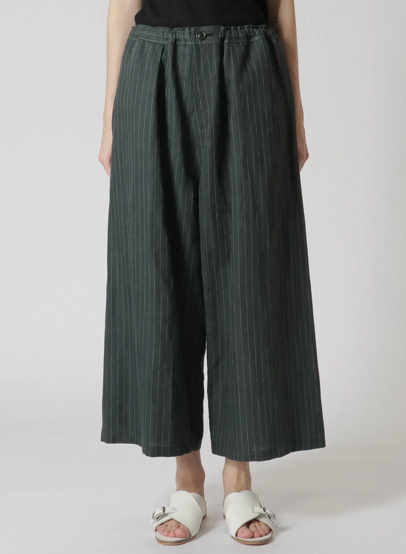 LINEN/COTTON PIN-STRIPED UNEVENLY DYED WIDE LEG PLEATED PANTS