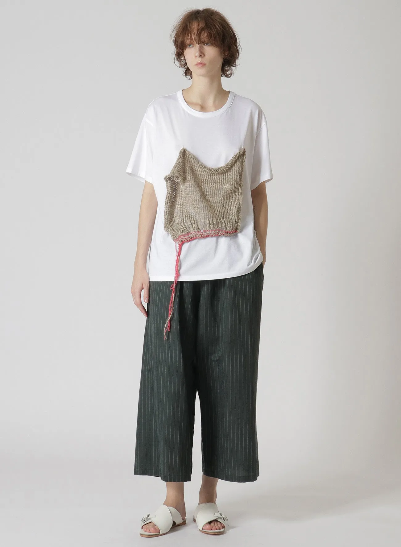 LINEN/COTTON PIN-STRIPED UNEVENLY DYED WIDE LEG PLEATED PANTS