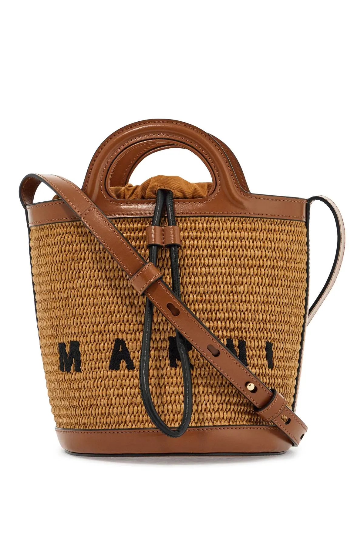 Marni Light Brown Woven Fabric And Leather Bag With Circular Handles