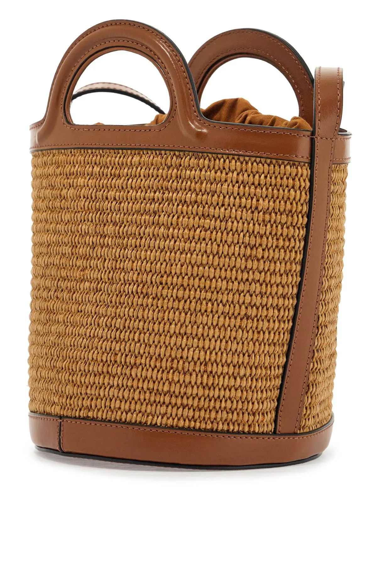 Marni Light Brown Woven Fabric And Leather Bag With Circular Handles