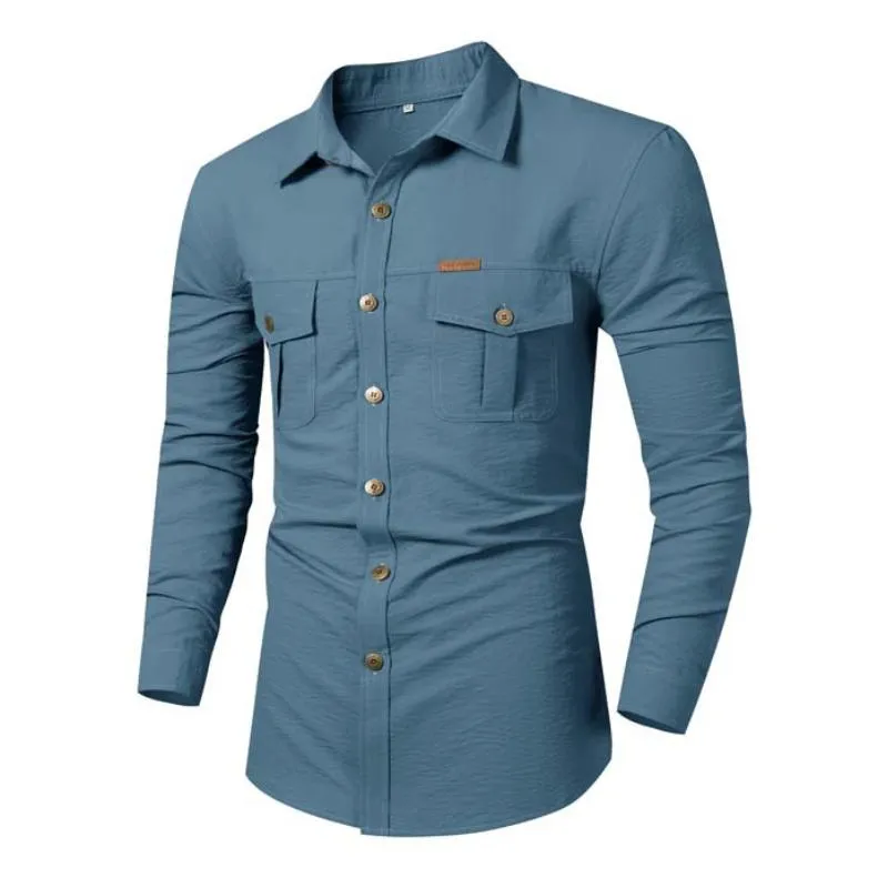 Men's Casual Cotton Blend Loose Lapel Workwear Long-sleeved Shirt 68149082M