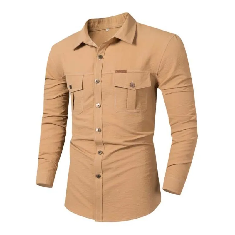 Men's Casual Cotton Blend Loose Lapel Workwear Long-sleeved Shirt 68149082M