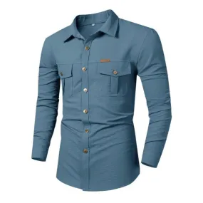 Men's Casual Cotton Blend Loose Lapel Workwear Long-sleeved Shirt 68149082M