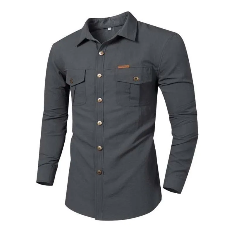 Men's Casual Cotton Blend Loose Lapel Workwear Long-sleeved Shirt 68149082M