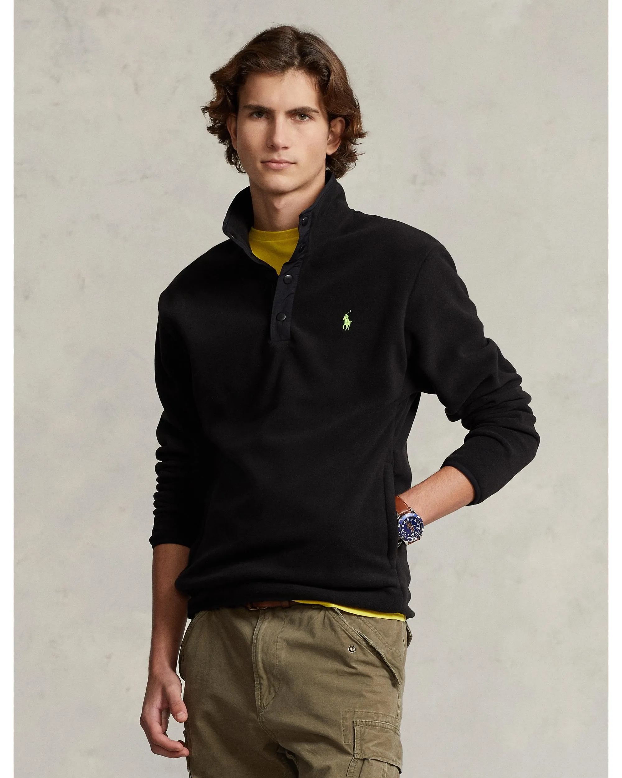 Mens Funnel Neck Fleece Sweatshirt Polo Black