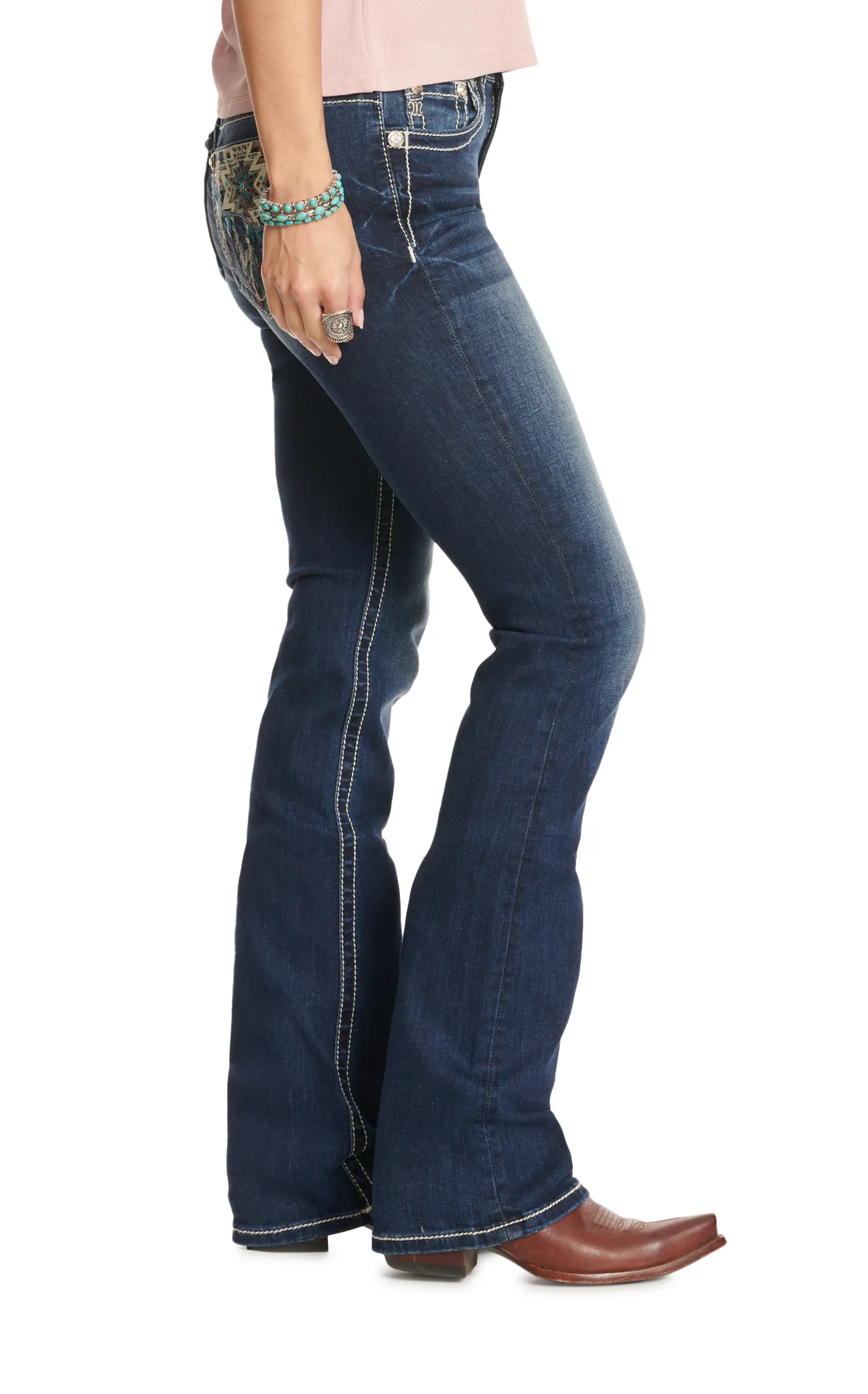 Miss Me Women's Dark Wash Mid Rise Aztec Dream Catcher & Bling Boot Cut Jeans 