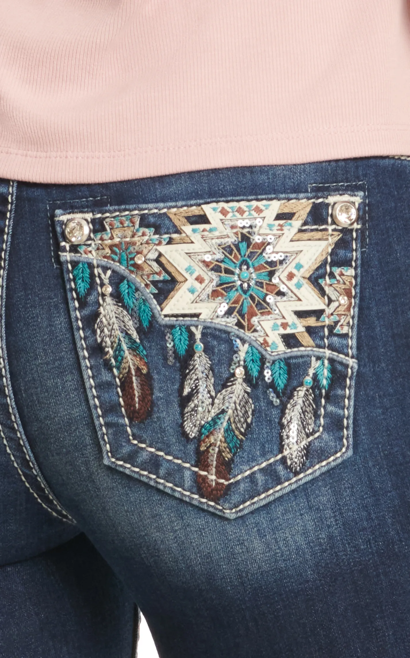 Miss Me Women's Dark Wash Mid Rise Aztec Dream Catcher & Bling Boot Cut Jeans 