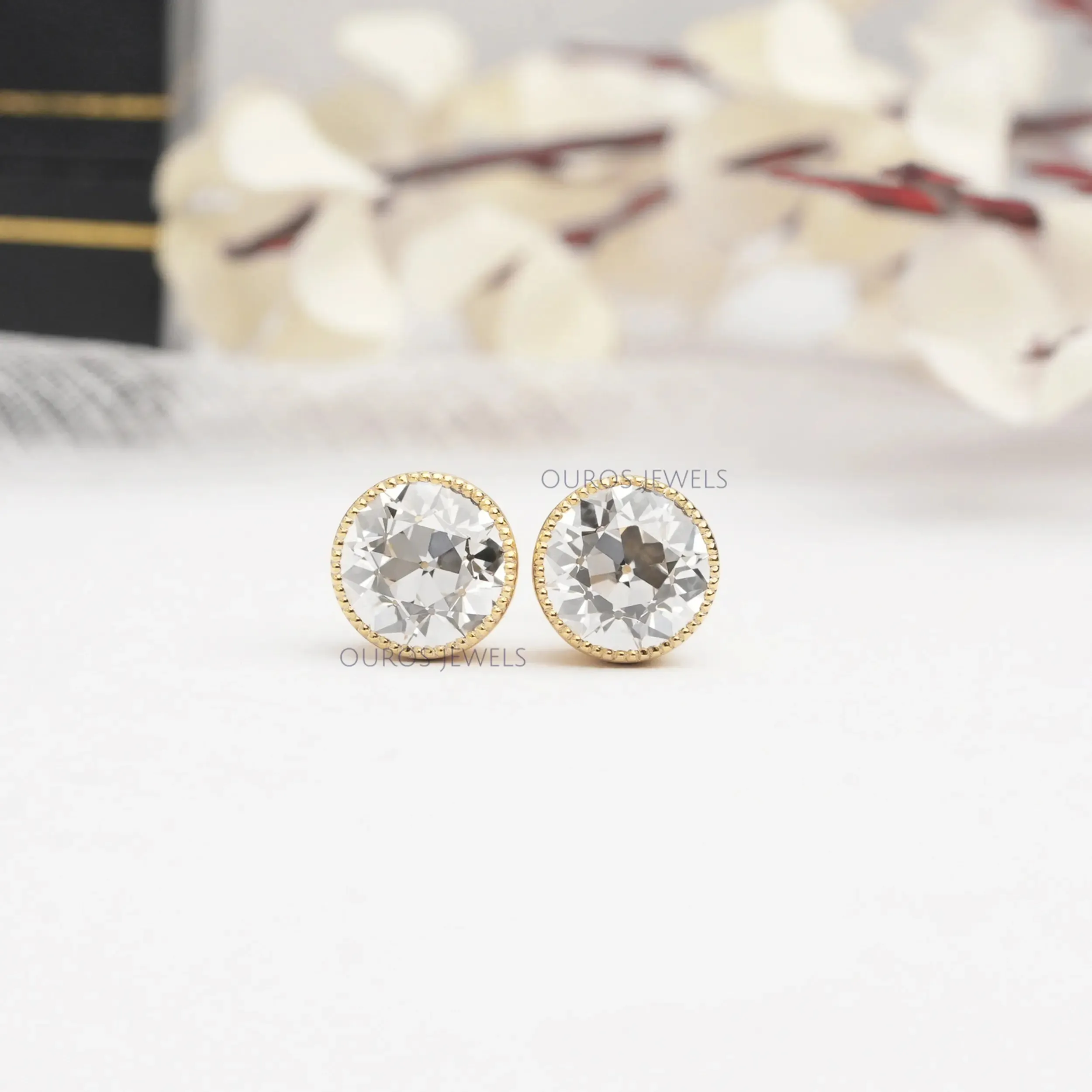 Old European Round Cut Milgrain Stud Earrings