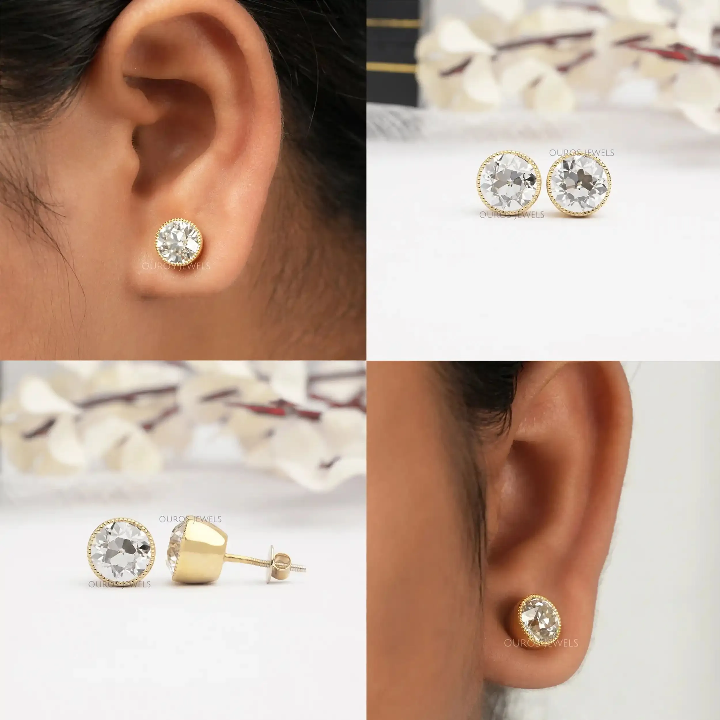 Old European Round Cut Milgrain Stud Earrings