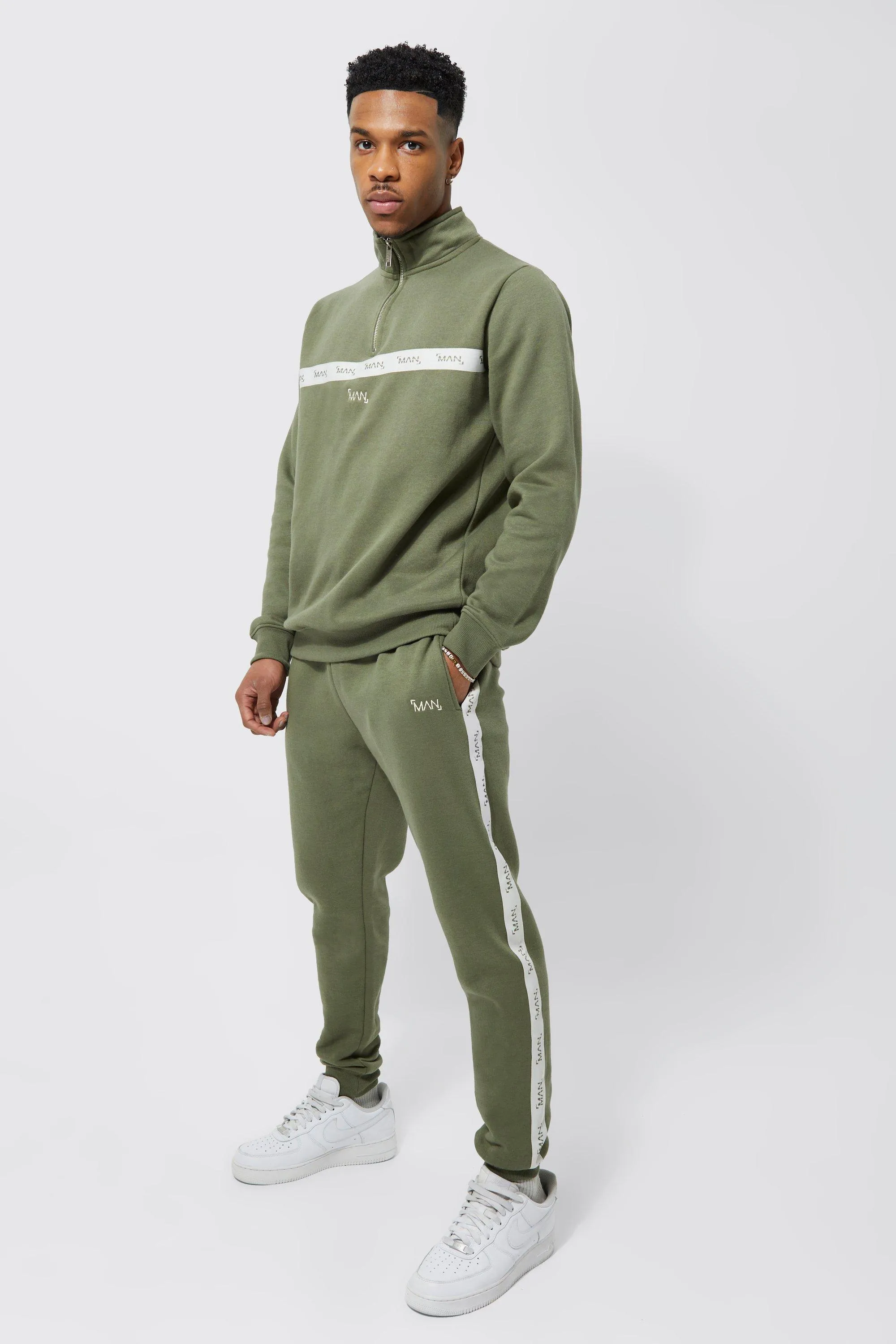 Original Man Tape Detail Funnel Neck Tracksuit | boohooMAN UK