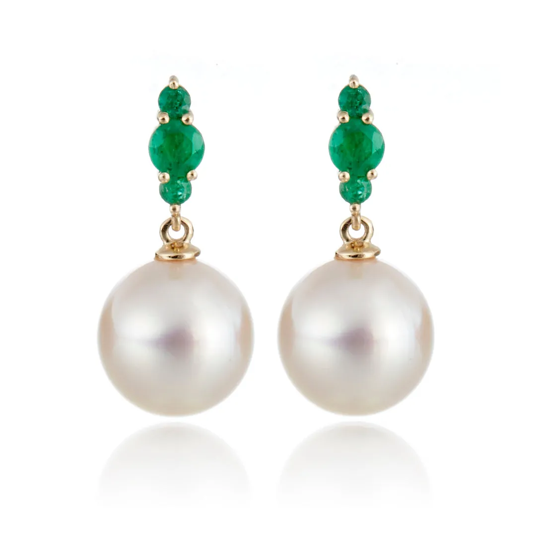 Orion Earrings in White Akoya Pearls & Emeralds