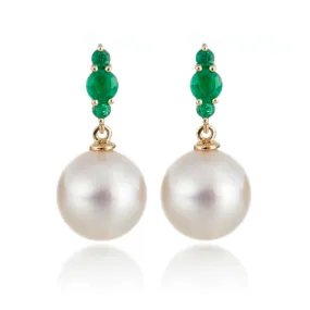 Orion Earrings in White Akoya Pearls & Emeralds