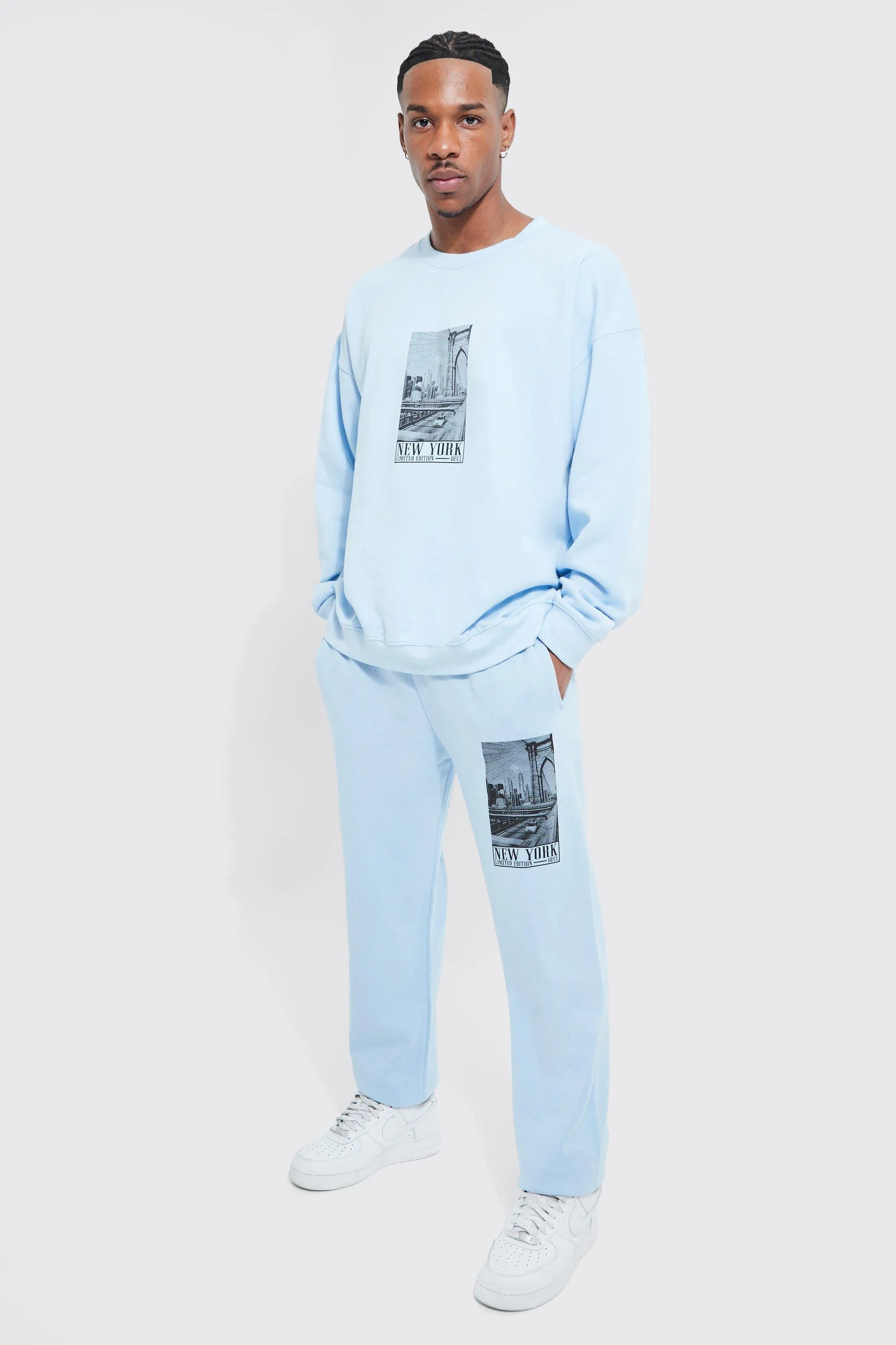 Oversized New York Print Sweatshirt Tracksuit | boohooMAN UK