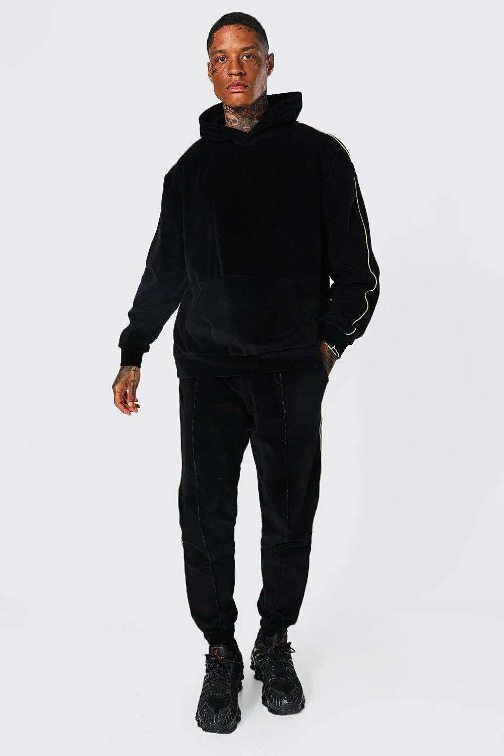 Oversized Piping Velour Hooded Tracksuit | boohooMAN UK