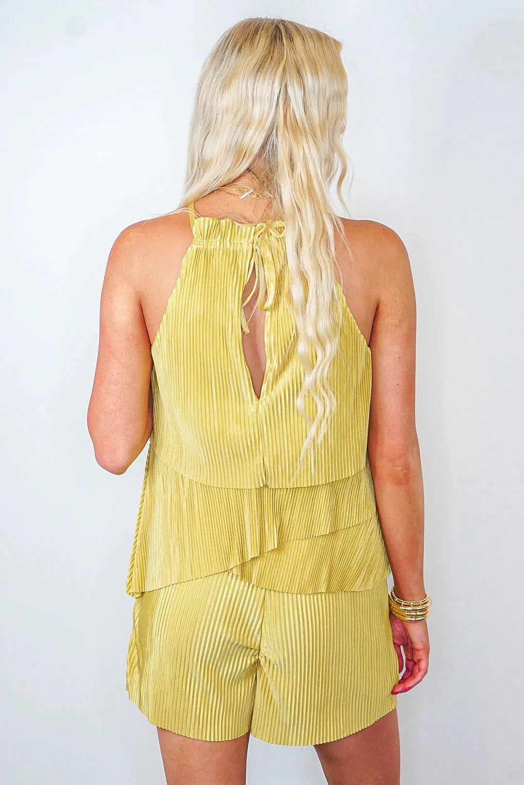 Perfectly Pleated Yellow Satin Romper