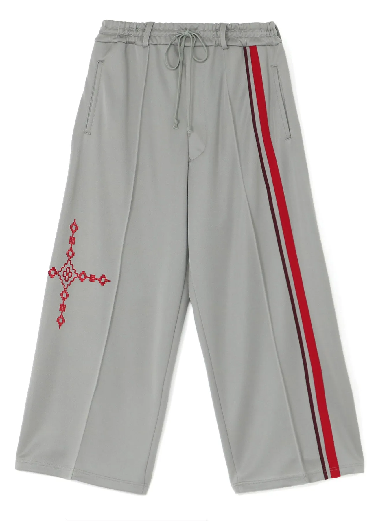 PE/SMOOTH JERSEY GEOMETRIC PATTERN EMBROIDERY TAPE LINE WAIST DRAWSTRING WIDE PANTS