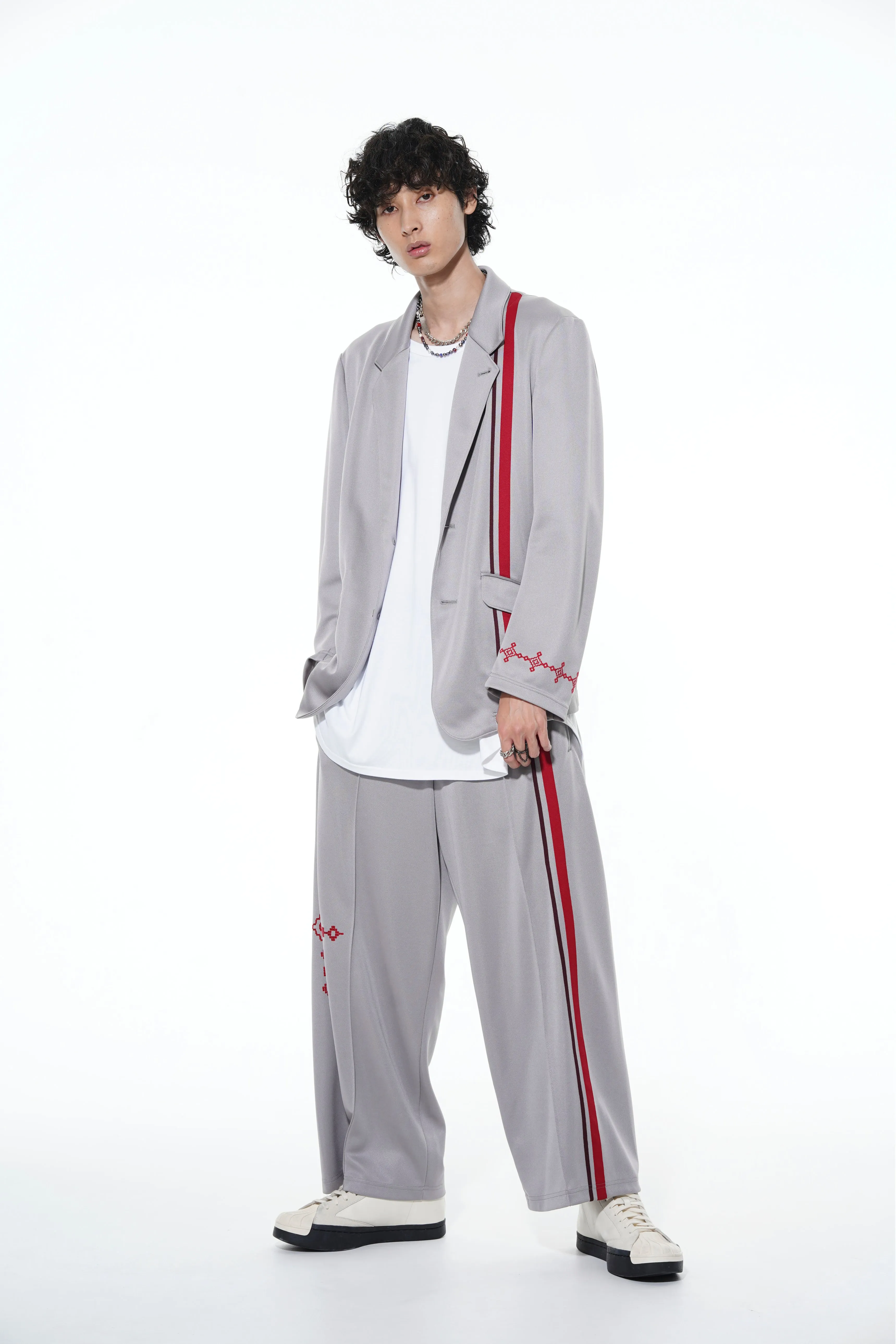 PE/SMOOTH JERSEY GEOMETRIC PATTERN EMBROIDERY TAPE LINE WAIST DRAWSTRING WIDE PANTS