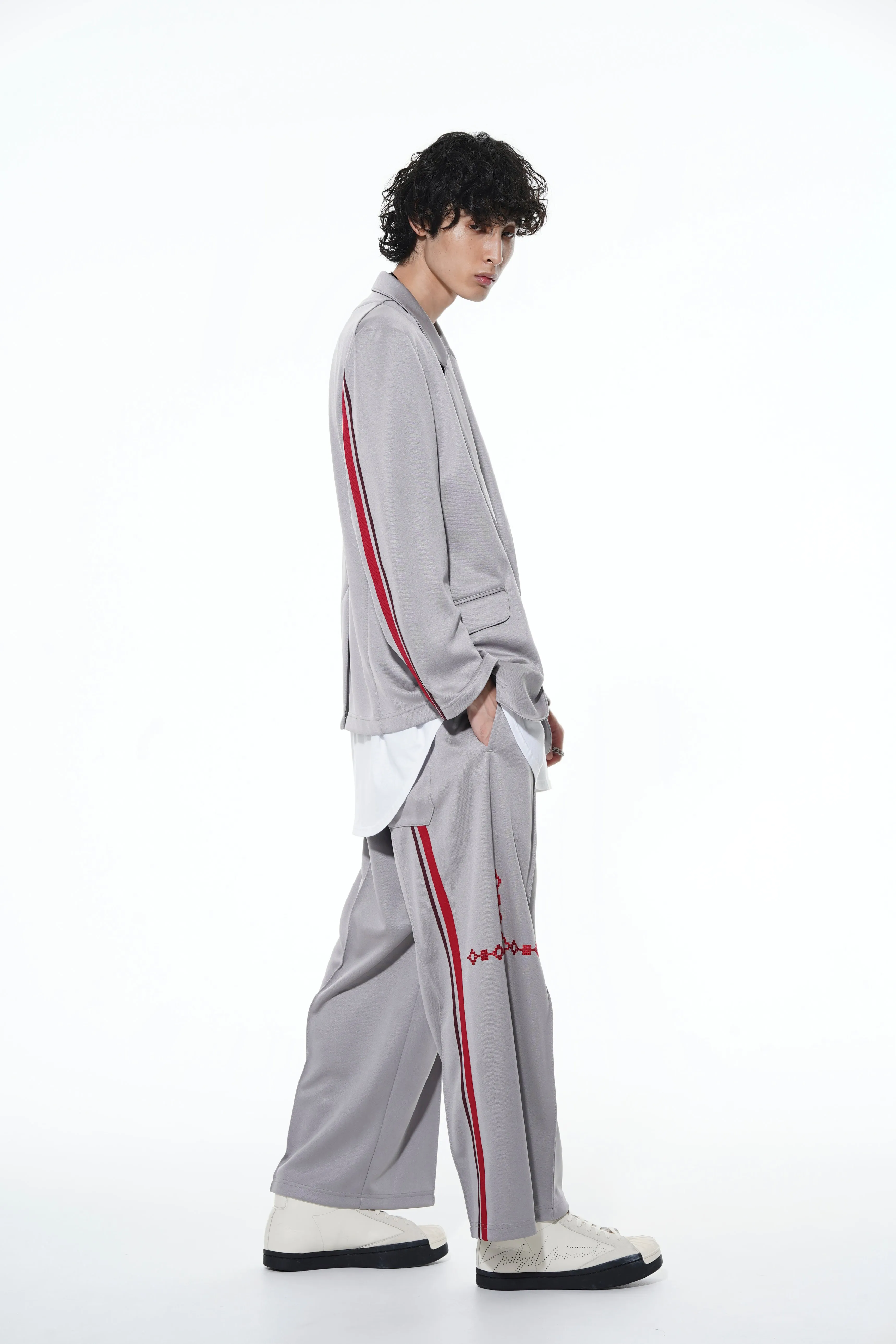 PE/SMOOTH JERSEY GEOMETRIC PATTERN EMBROIDERY TAPE LINE WAIST DRAWSTRING WIDE PANTS