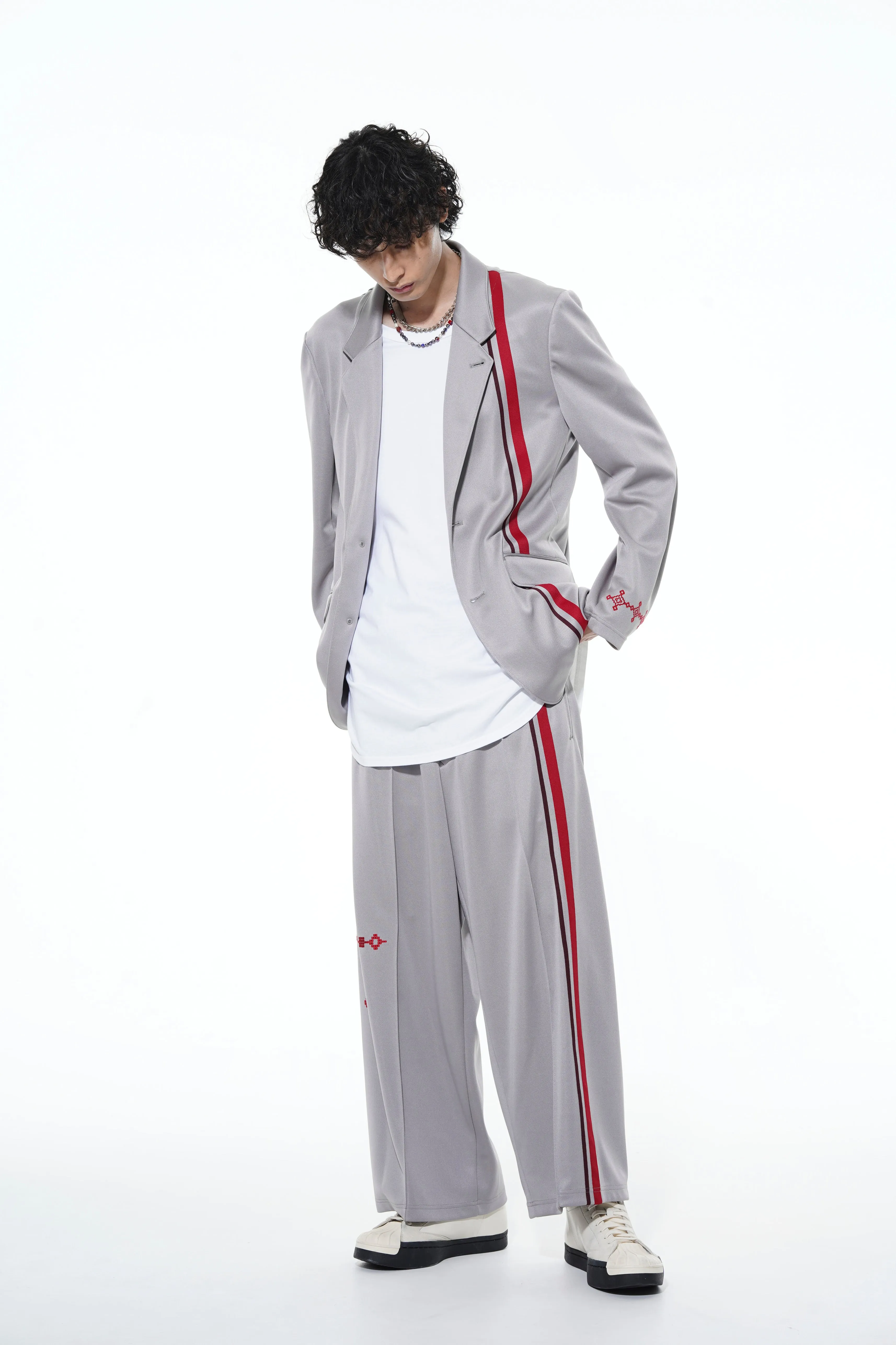 PE/SMOOTH JERSEY GEOMETRIC PATTERN EMBROIDERY TAPE LINE WAIST DRAWSTRING WIDE PANTS