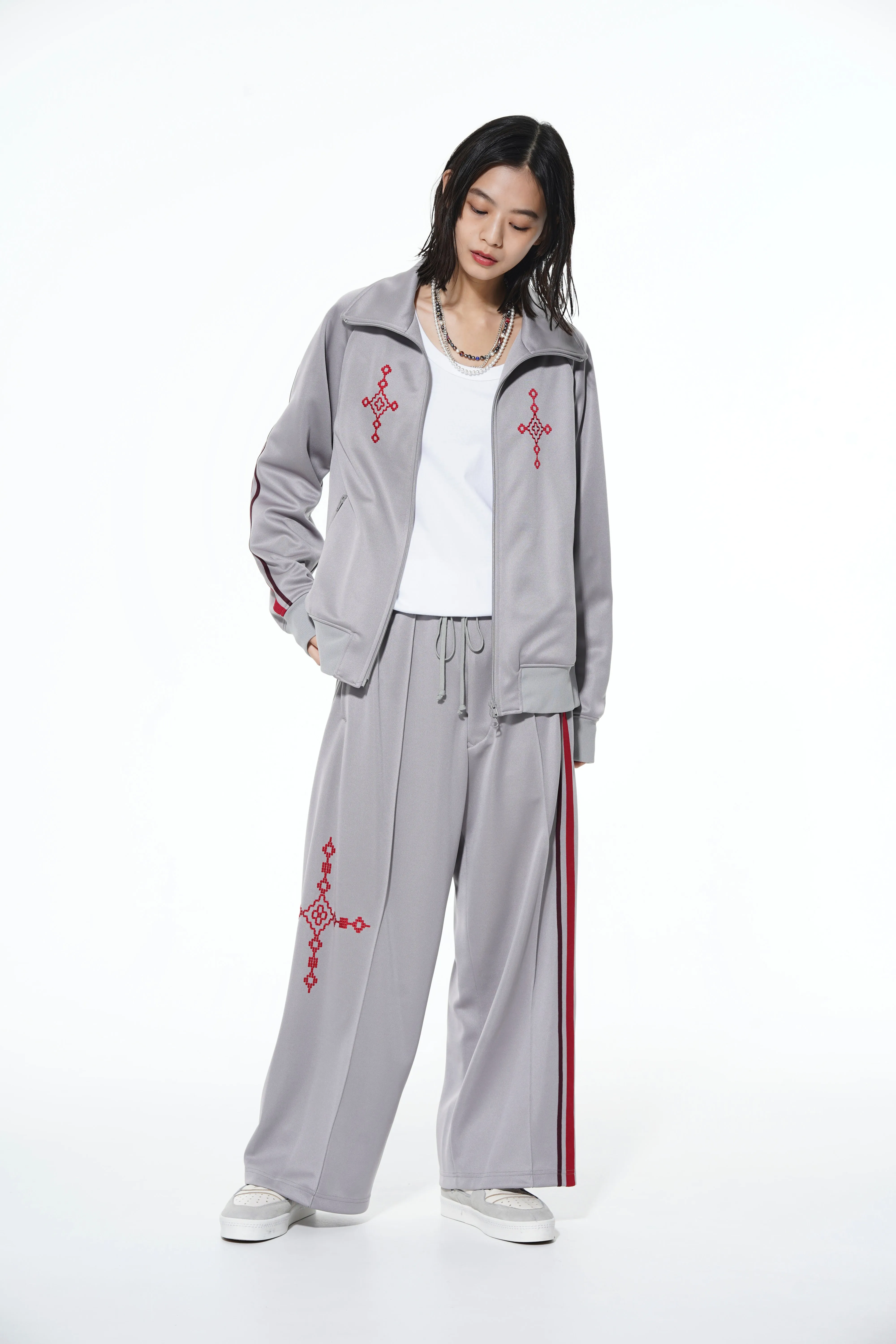 PE/SMOOTH JERSEY GEOMETRIC PATTERN EMBROIDERY TAPE LINE WAIST DRAWSTRING WIDE PANTS