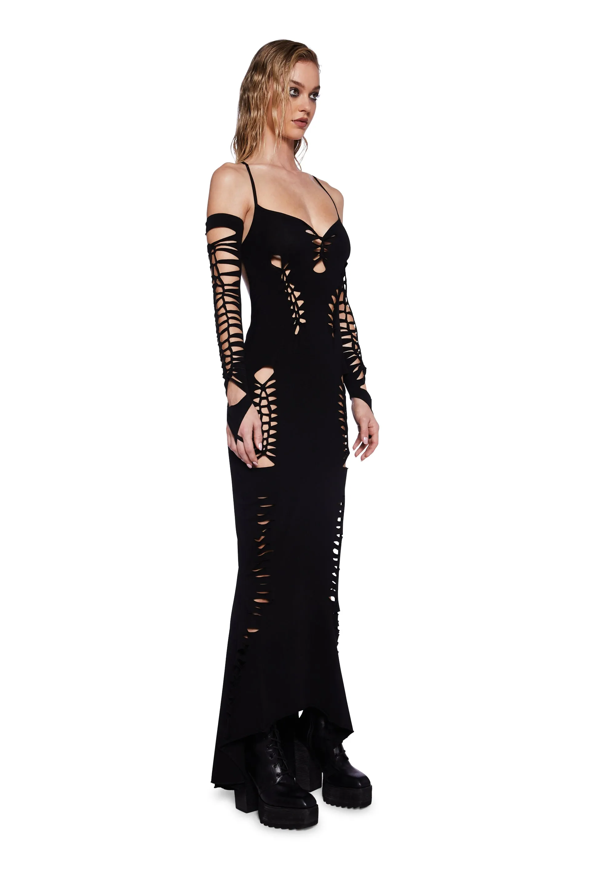 Pitch Shredded Maxi Dress And Gloves Set - Black-