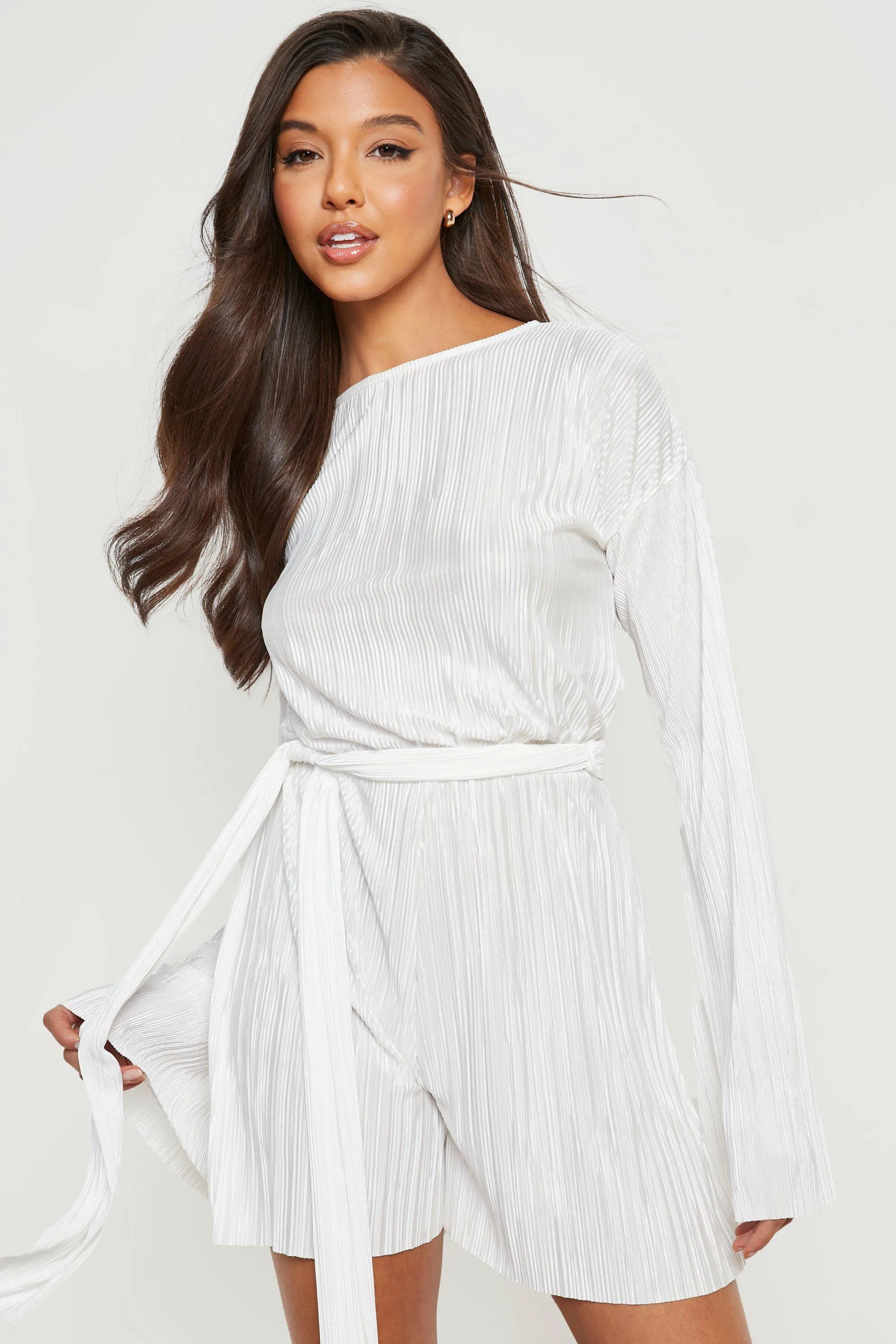 Plisse Flare Sleeve Belted Romper