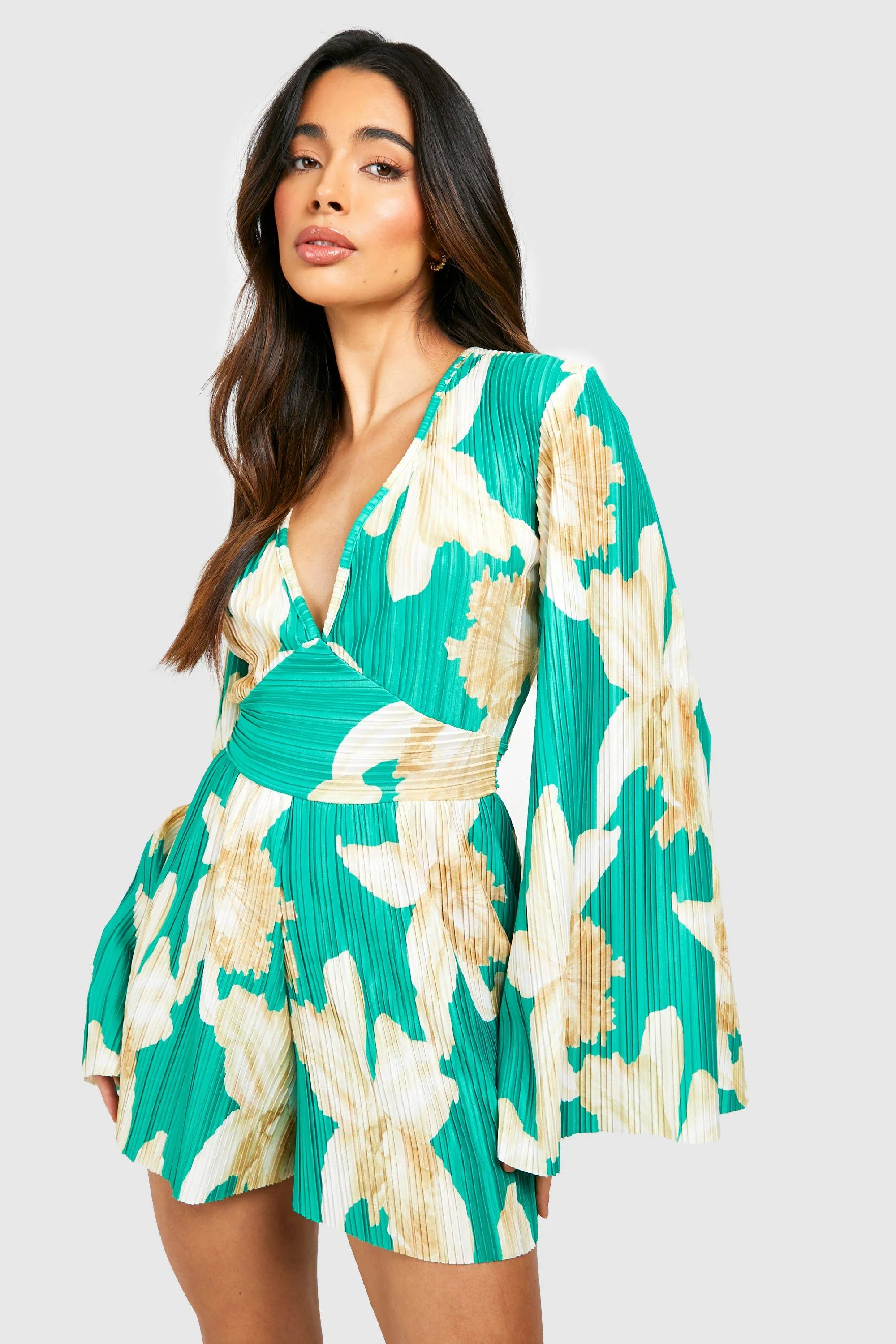 Plisse Floral Printed Flare Sleeve Romper