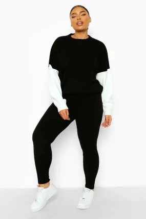 Plus Knitted Color Block Tracksuit