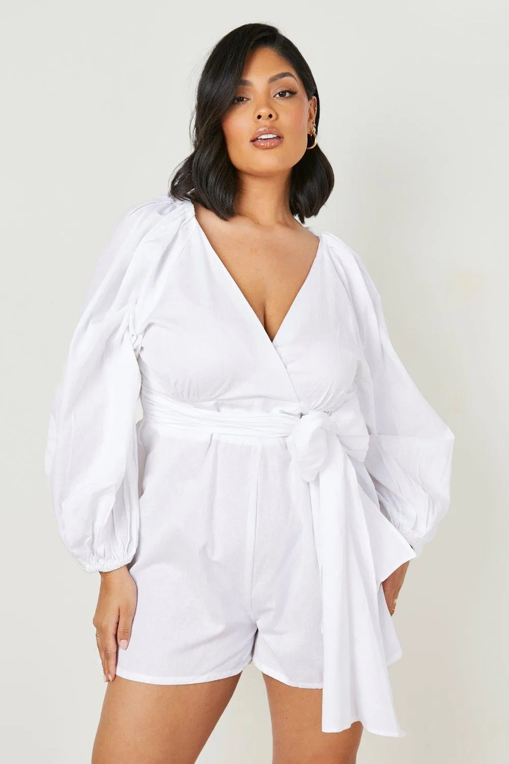 Plus Linen Puff Sleeve Short Romper