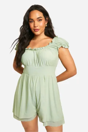 Plus Mesh Milkmaid Frill Hem Romper