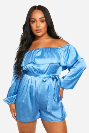 Plus Satin Frill Off The Shoulder Romper