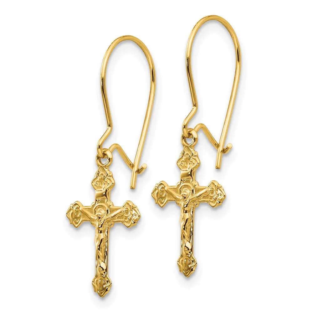 Polished Crucifix Dangle Earrings in 14k Yellow Gold