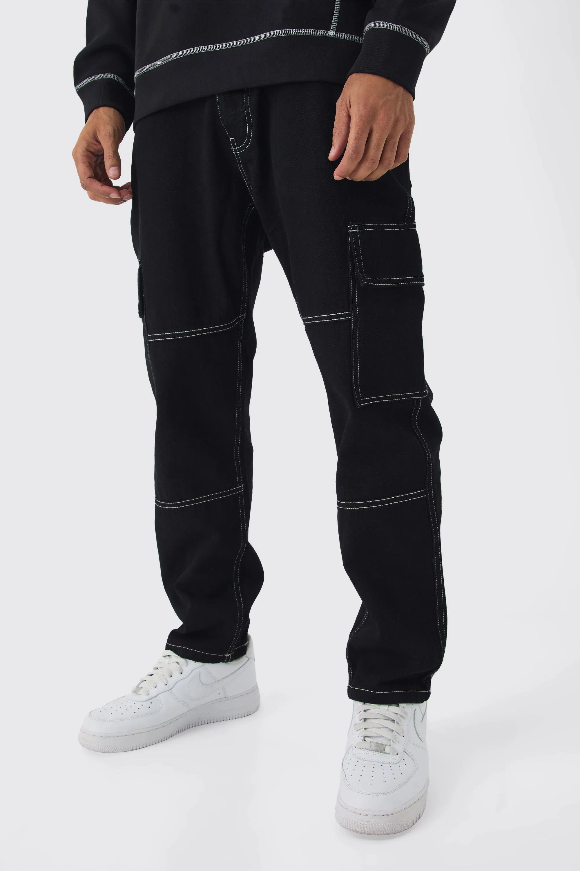 Relaxed Fit Contrast Stitch Cargo Jeans