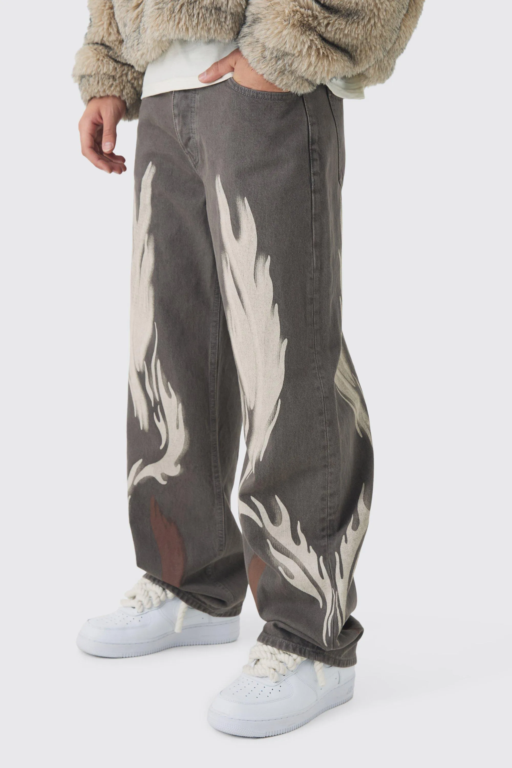 Relaxed Rigid Brown Tint Moto Printed Jeans