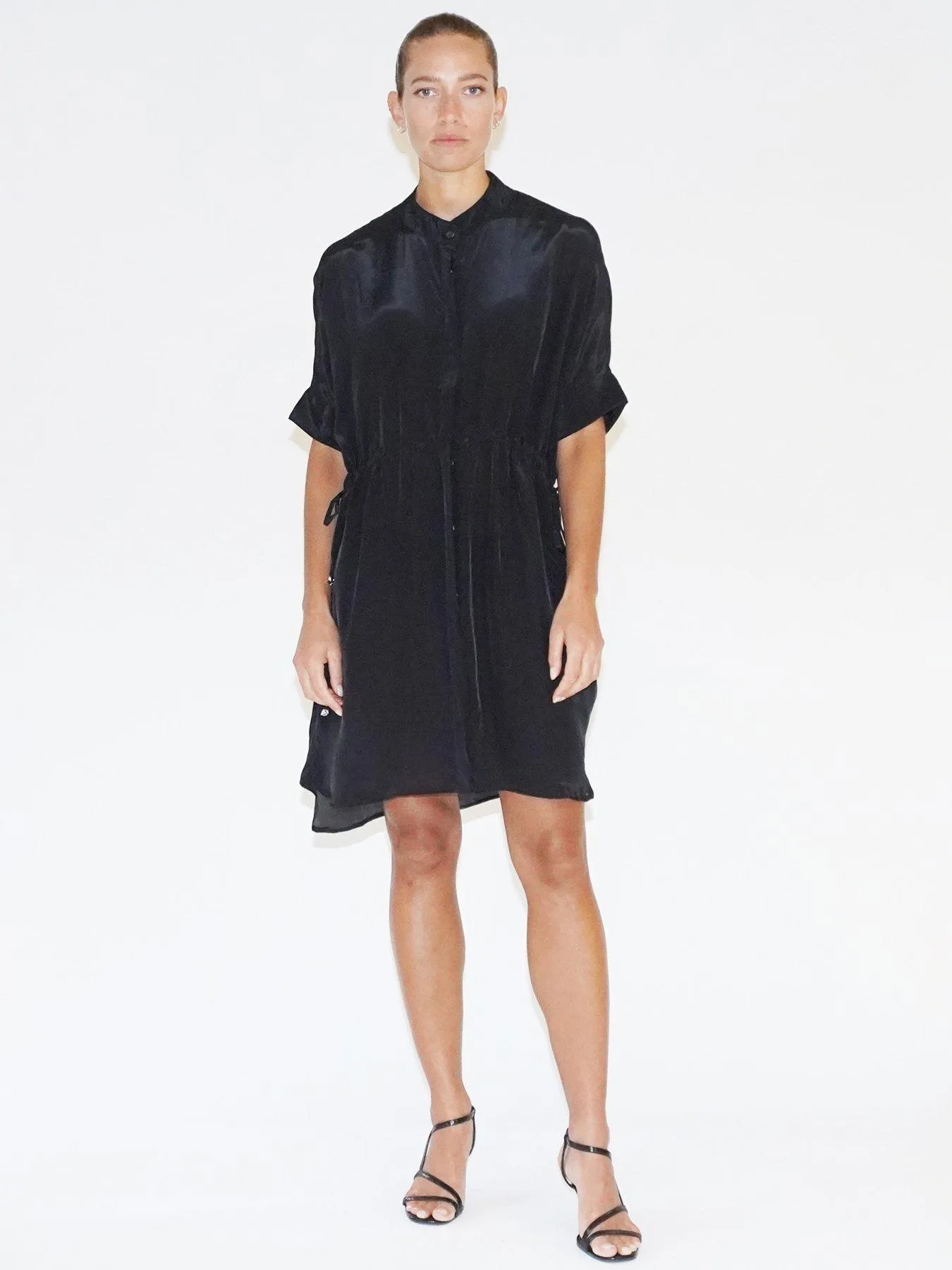 Religion Loose Fitting Tunic Shirt Dress With Tie Waist - Black