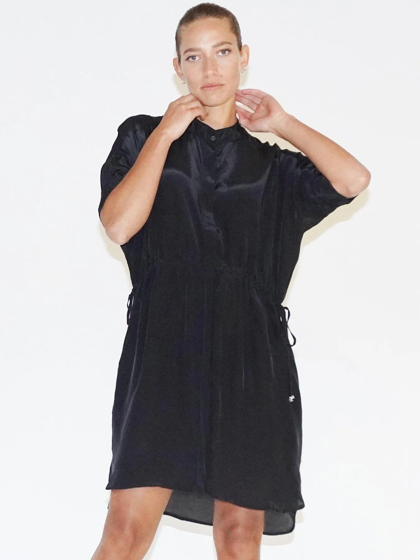 Religion Loose Fitting Tunic Shirt Dress With Tie Waist - Black