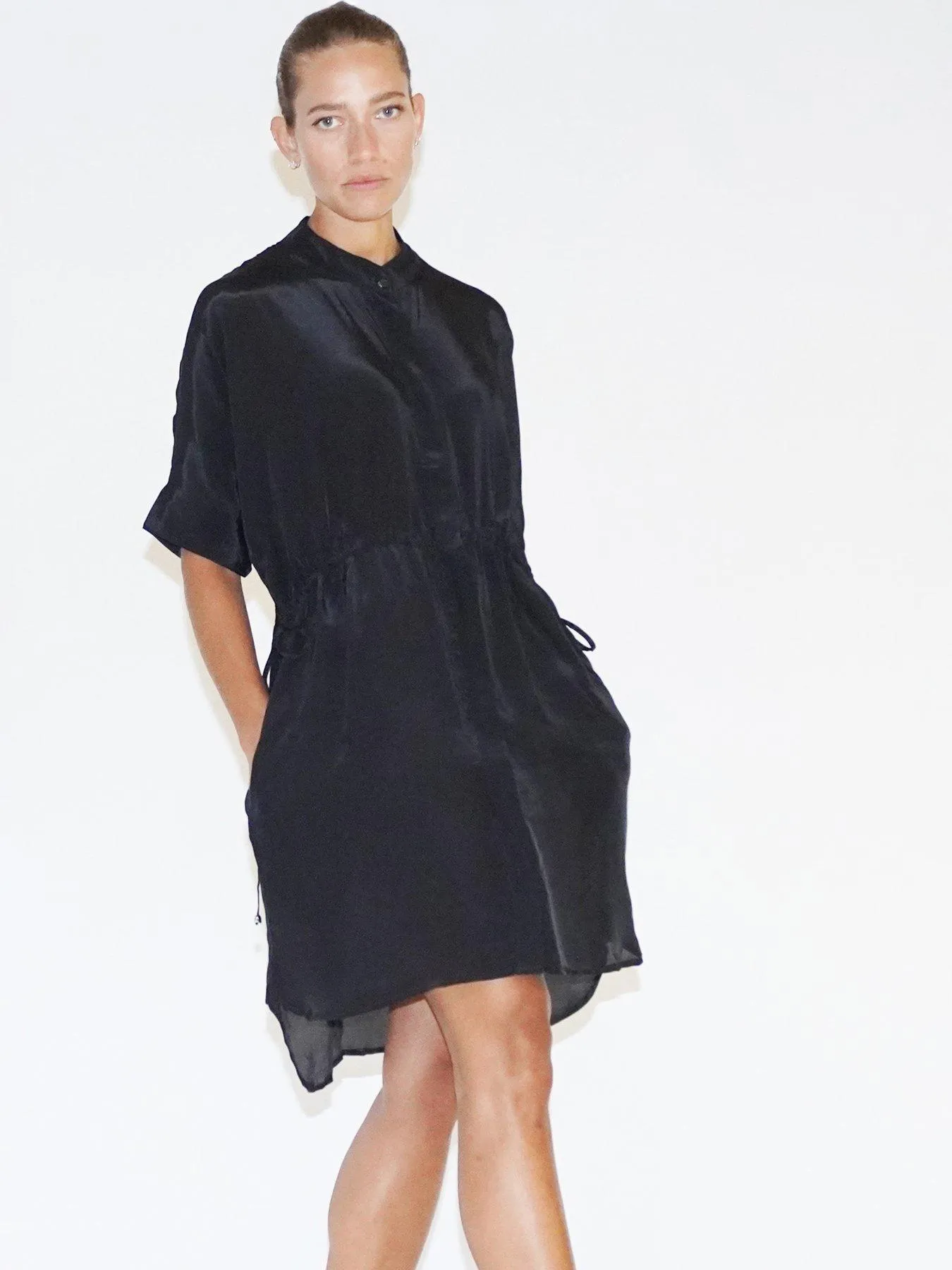 Religion Loose Fitting Tunic Shirt Dress With Tie Waist - Black