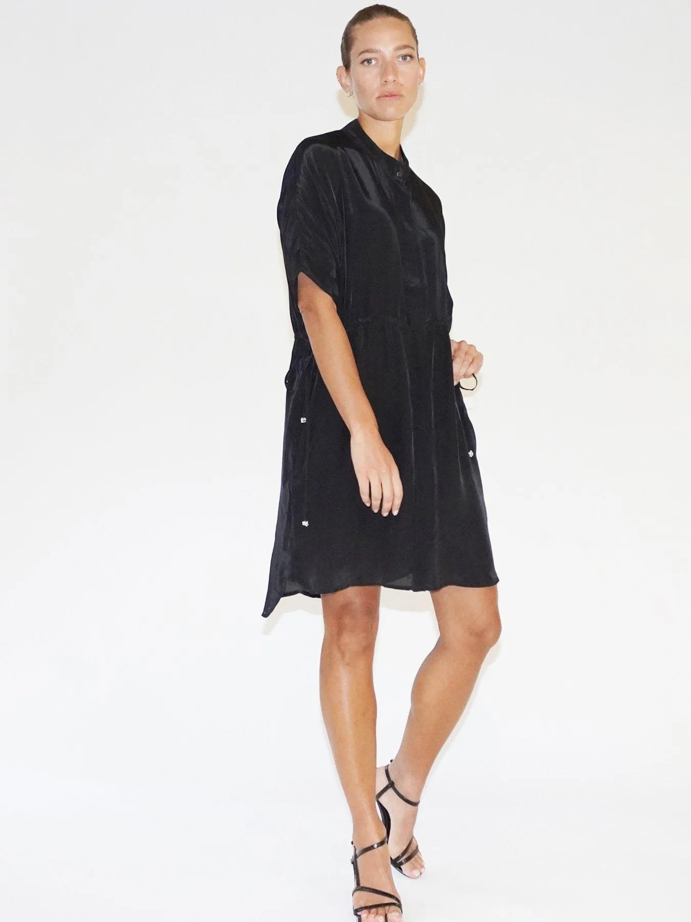 Religion Loose Fitting Tunic Shirt Dress With Tie Waist - Black