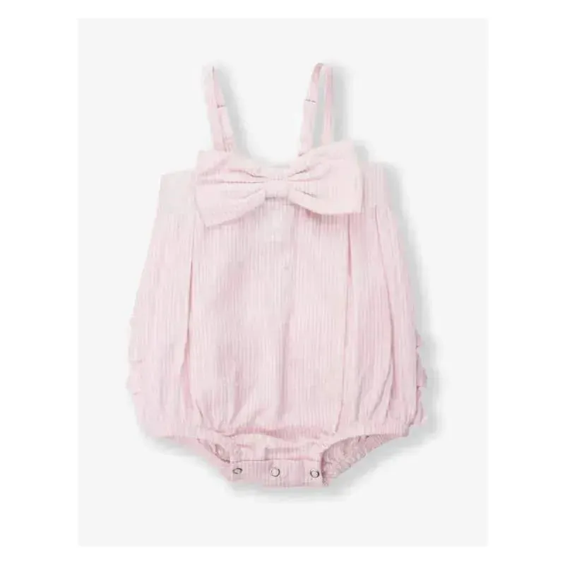 Rufflebutts - Baby Girls Pink Seersucker Bow Front Woven Bubble Romper