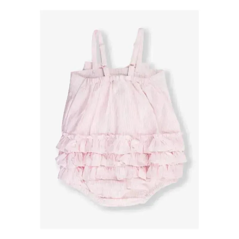 Rufflebutts - Baby Girls Pink Seersucker Bow Front Woven Bubble Romper