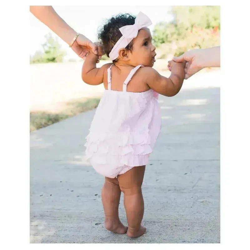 Rufflebutts - Baby Girls Pink Seersucker Bow Front Woven Bubble Romper