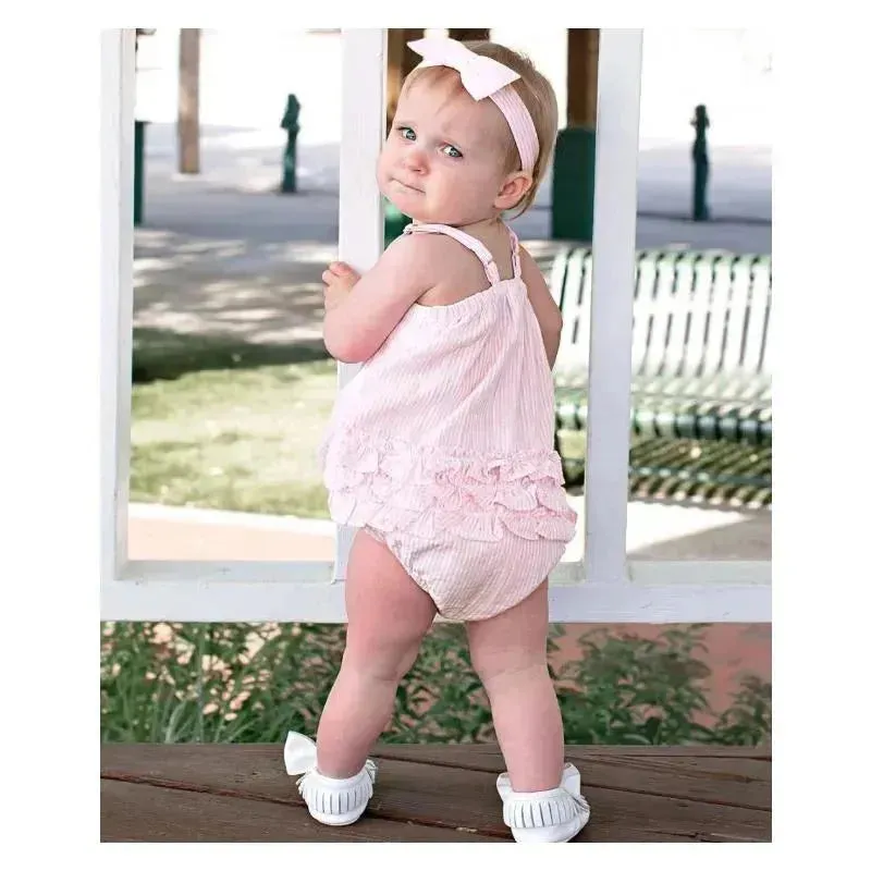 Rufflebutts - Baby Girls Pink Seersucker Bow Front Woven Bubble Romper