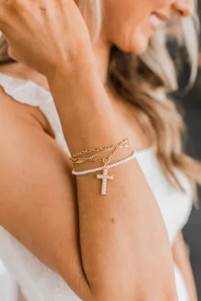 Setting The Bar Bracelet- Gold & Pearl