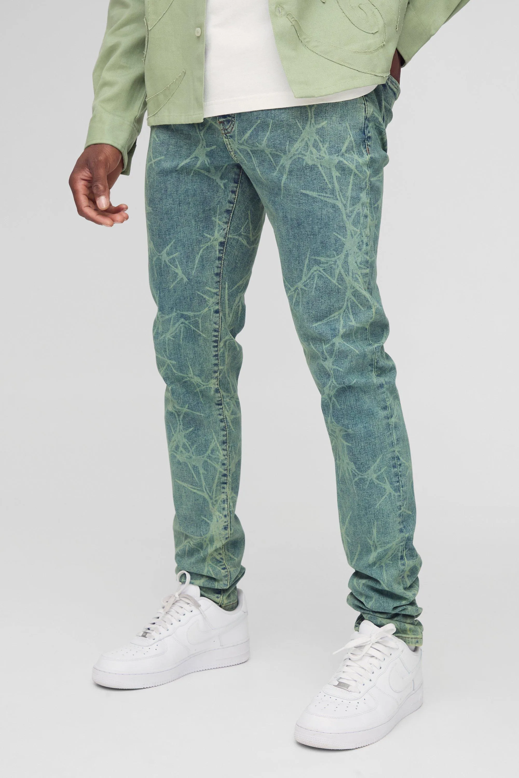 Skinny Stretch Stacked Barbed Wire Laser Print Jeans