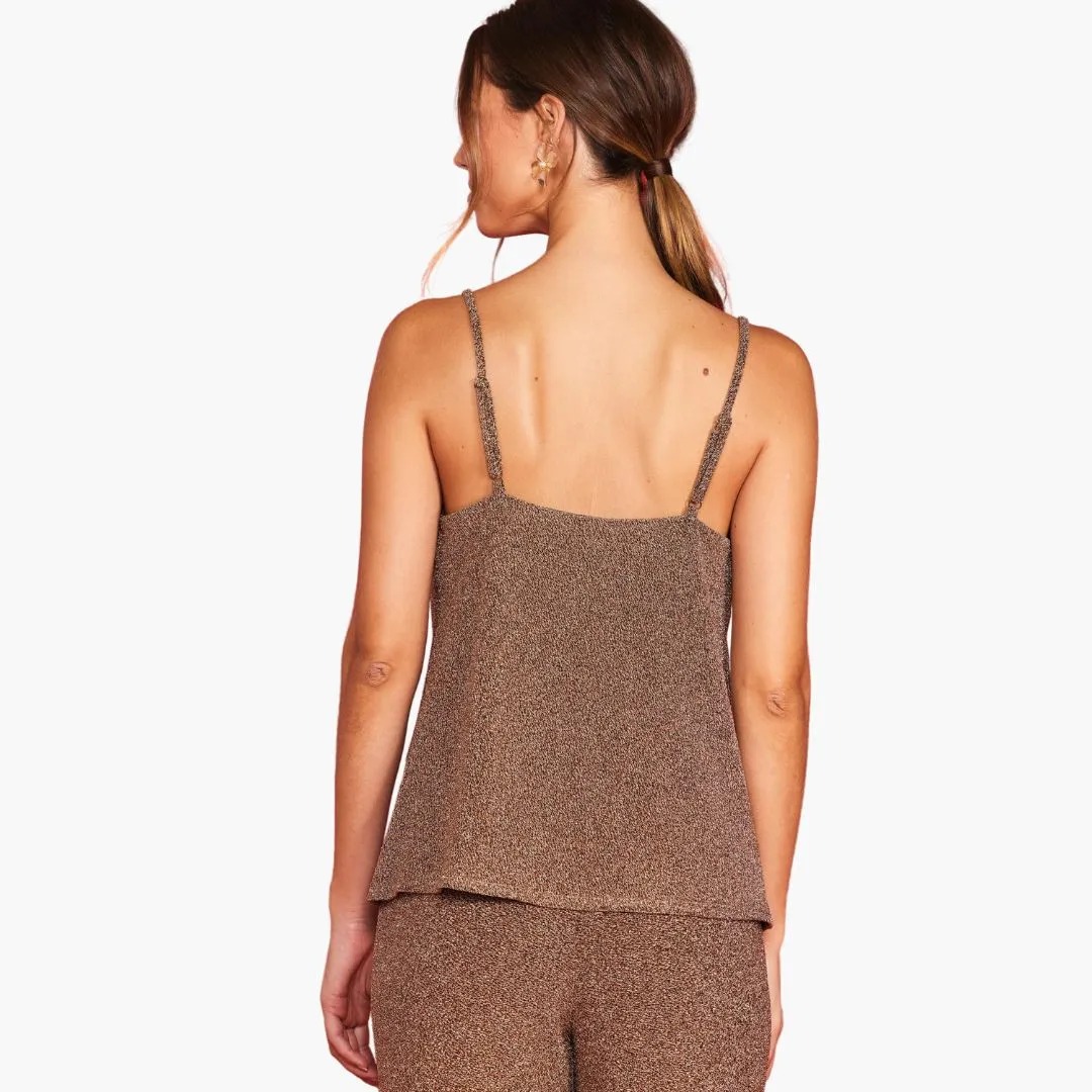 Sleeveless Lurex Cowl Neck Tank Top (Rose Gold)