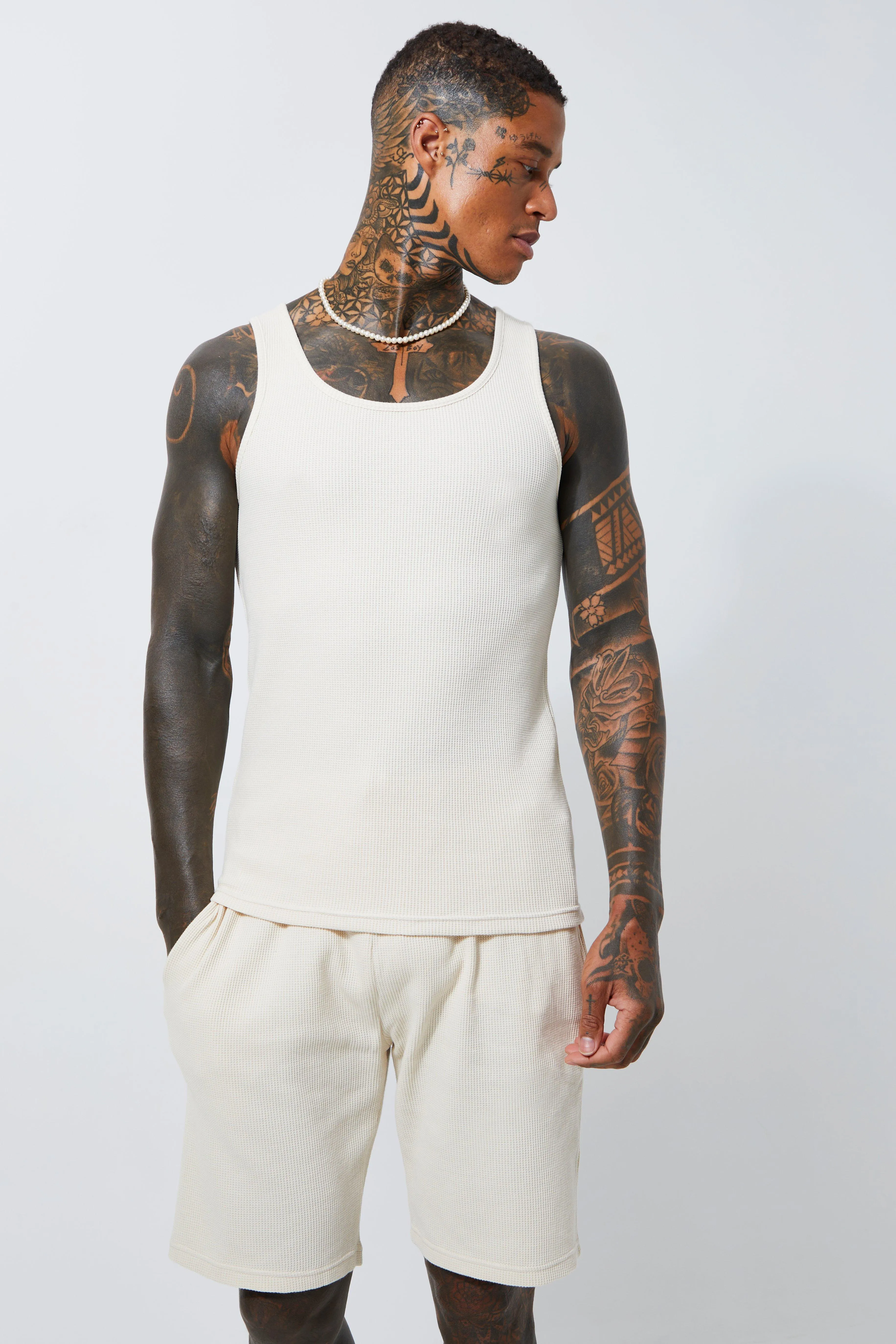 Slim Fit Waffle Vest & Short Set | boohooMAN UK