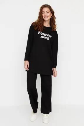 Slogan Printed Knitted Tracksuit Set with Soft Pile Inside